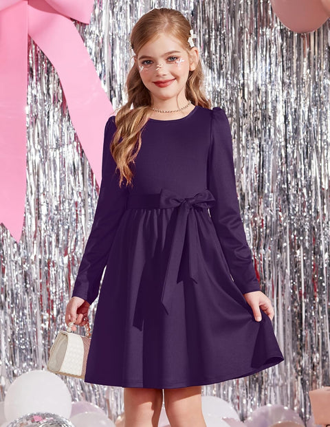 Arshiner Girls Dresses Puff Long Sleeve Formal Belted Dress