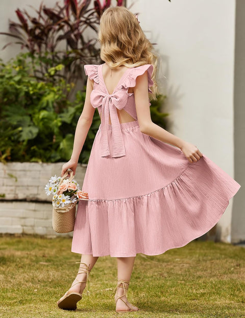 Arshiner Girls Tie Back Dress Tween Boho Flutter Sleeve Maxi Dresses