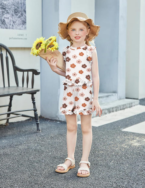 Arshiner Toddler Girls Clothes Ribbed Knit Ruffle Sleeveless Tops and Shorts with Pockets Cute Summer 2 Pieces Short Sets