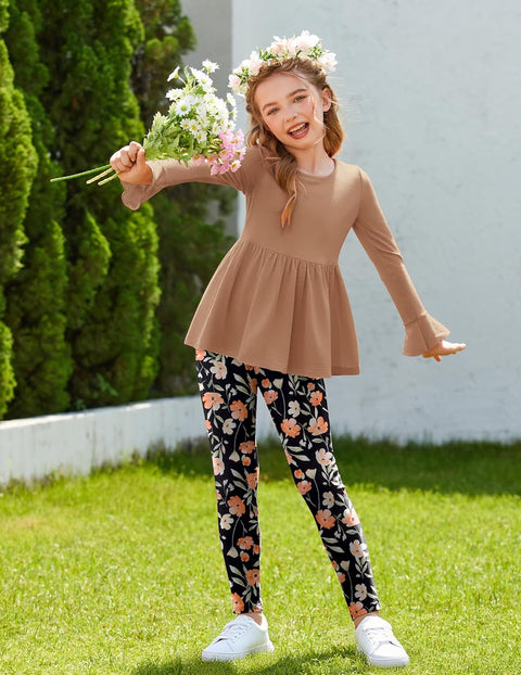 Arshiner Girls 2 Piece Set Floral Ruffle Hem Bell Sleeve Top and Leggings
