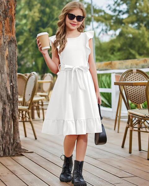 Arshiner Girls Belted Pockets Flutter Sleeve A-line Dresses