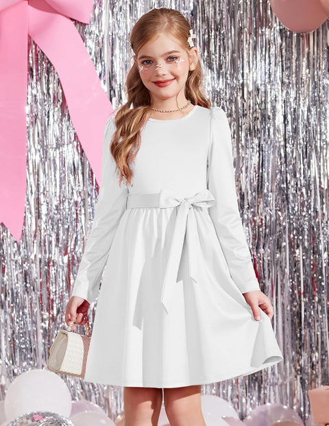 Arshiner Girls Dresses Puff Long Sleeve Formal Belted Dress