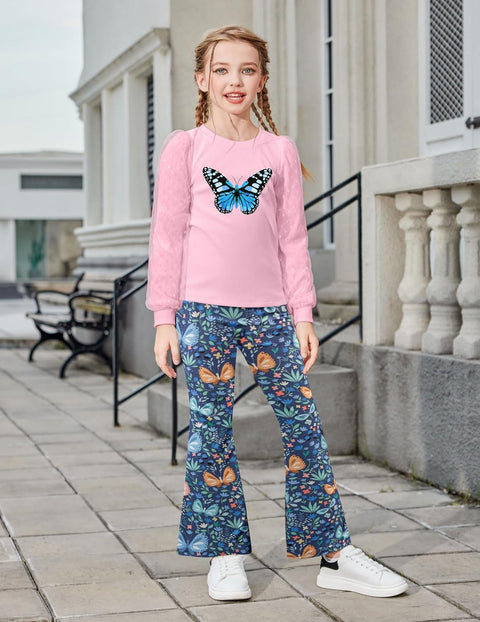 Arshiner Girls 2 Piece Outfits Knit Tulle Puff Top and Flare Pants Set