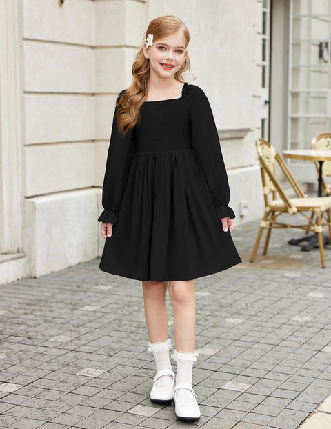 Arshiner Girls Long Sleeve Smocked Skater Elegant Dress with Pockets