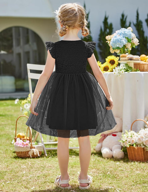 【2-8Y】Arshiner Toddler Lace Tutu Dresses Ruffle Sleeve 3 Layers Tulle Flower Dress