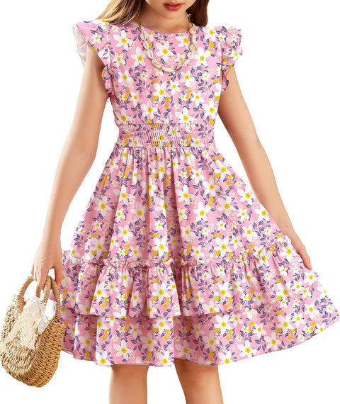 Arshiner Girls Dresses Flutter Sleeve A-Line Sundress Casual Summer Tiered Swing Midi Pocket Dress