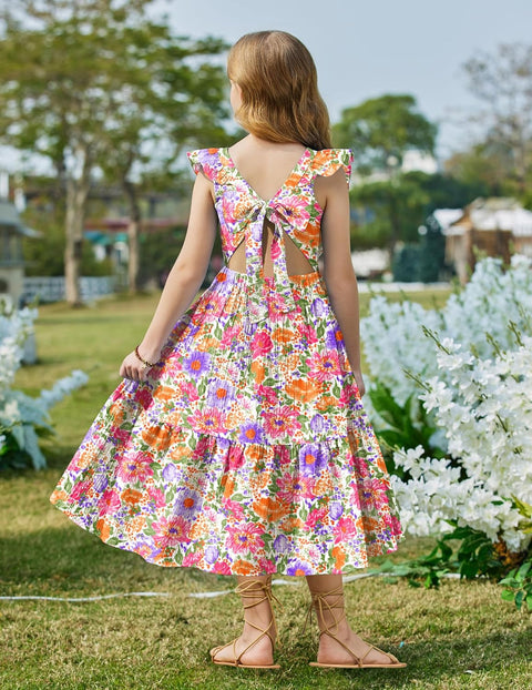 Arshiner Girls Tie Back Dress Tween Boho Flutter Sleeve Maxi Dresses