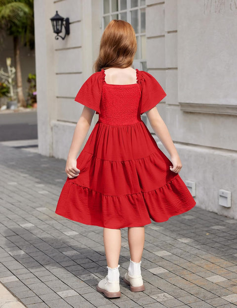 Arshiner Girls Dress Boho Smocked Swing Flowy Ruffle Midi Dresses