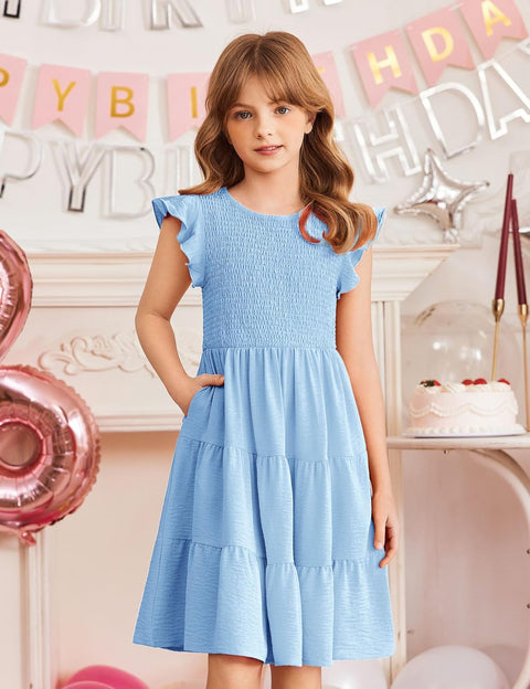 Arshiner Girls Dress Ruffle Sleeve Smocked Tiered Sundress