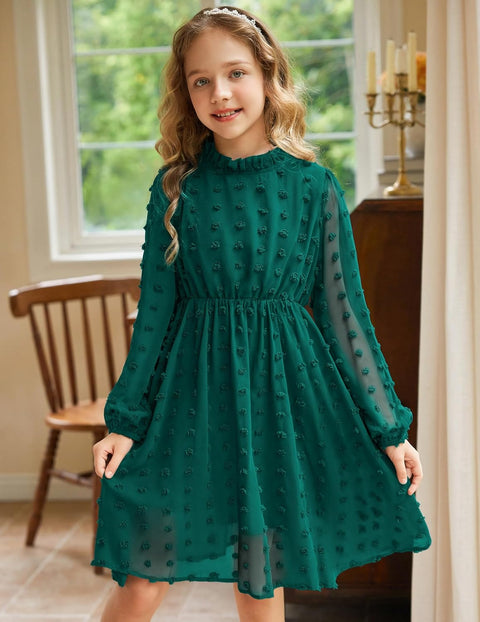 Arshiner Girls Dress Long Sleeve Swiss Dot Ruffle Collar Flowy A-Line Party Dress for Kids 5-13Y