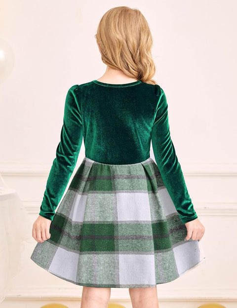 Arshiner Girls Dresses Velvet Plaid Patchwork Party Dress