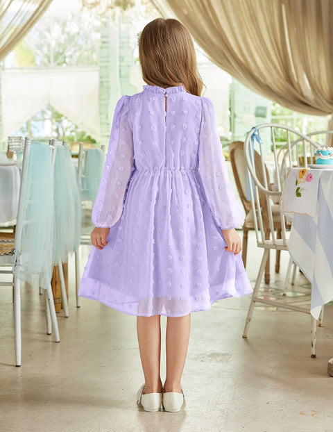 Arshiner Girls Dress Long Sleeve Swiss Dot Ruffle Collar Flowy A-Line Party Dress for Kids 5-13Y