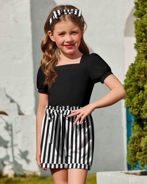 【 2-8Y】Arshiner Toddler Girl Puff Sleeve Tops + Shorts + Headband 3pcs Sets
