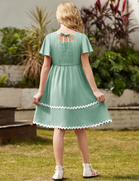 Arshiner Girls Dress Flutter RIC Rac Tiered Short Sleeve Dresses with Pockets