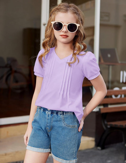 Arshiner Girls Puff Short Sleeve Shirts Pleated Tunic Top