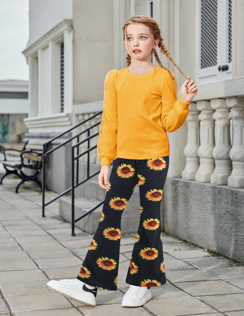 Arshiner Girls 2 Piece Outfits Knit Tulle Puff Top and Flare Pants Set