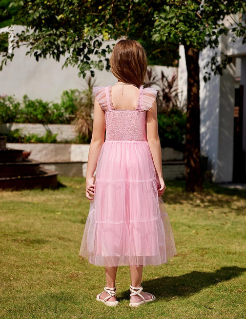 Arshiner Tween Girls Dress Ruffle Sleeve Elastic Straps Smocked Tulle Sundress
