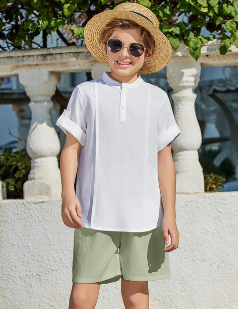 Arshiner Boy's 2 Pieces Linen Sets Henley Shirt and Shorts 5-12 Years