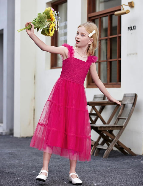 Arshiner Tween Girls Dress Ruffle Sleeve Elastic Straps Smocked Tulle Sundress
