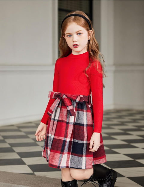 Arshiner Girls Dresses Long Sleeve Rib Knit Plaid Patchwork Belted Dress