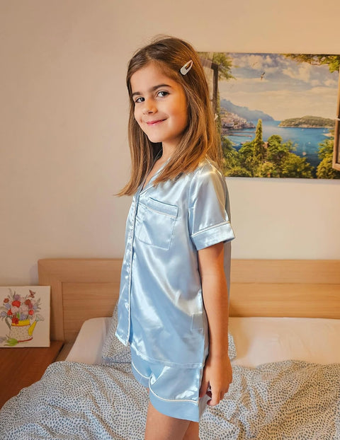 Arshiner Girls Pajamas Silk Satin Pajama Sleepwear Button Down Pj Set
