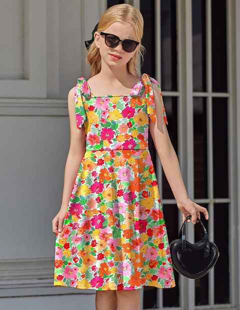 [6Y-11Y] Arshiner Girls Dress Tie Strap Solid Color Party Dresses