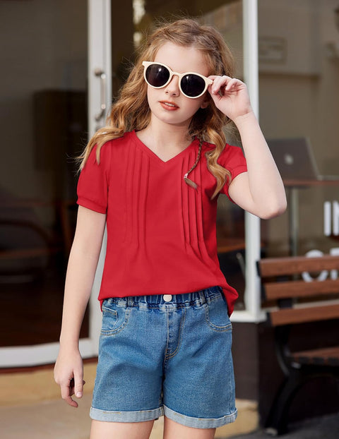 Arshiner Girls Puff Short Sleeve Shirts Pleated Tunic Top