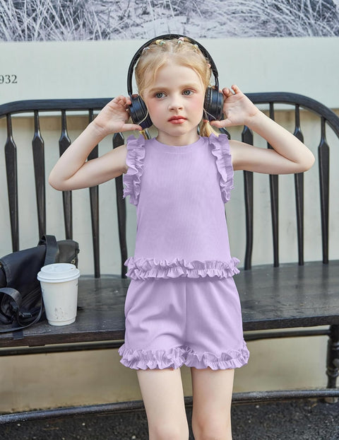 Arshiner Toddler Girls Clothes Ribbed Knit Ruffle Sleeveless Tops and Shorts with Pockets Cute Summer 2 Pieces Short Sets