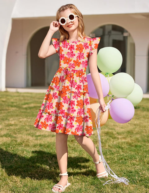 Arshiner Girl's Dress Ruffle Sleeve Tiered Dresses with Pockets 5-12 Years
