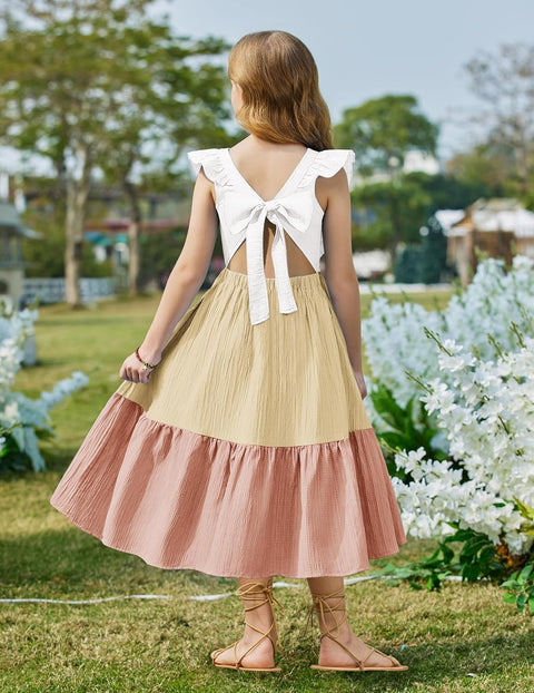 Arshiner Girls Tie Back Dress Tween Boho Flutter Sleeve Maxi Dresses