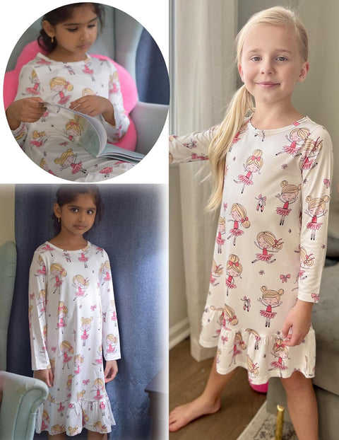 Arshiner Girls' Sleepwear Long Sleeve Cute Nightie Pajama Dress
