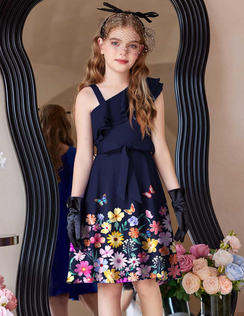 [5Y-12Y] Arshiner Girls Dress One Shoulder Formal Ruffle Trim Party Dresses