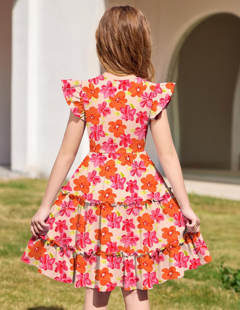 Arshiner Girl's Dress Ruffle Sleeve Tiered Dresses with Pockets 5-12 Years