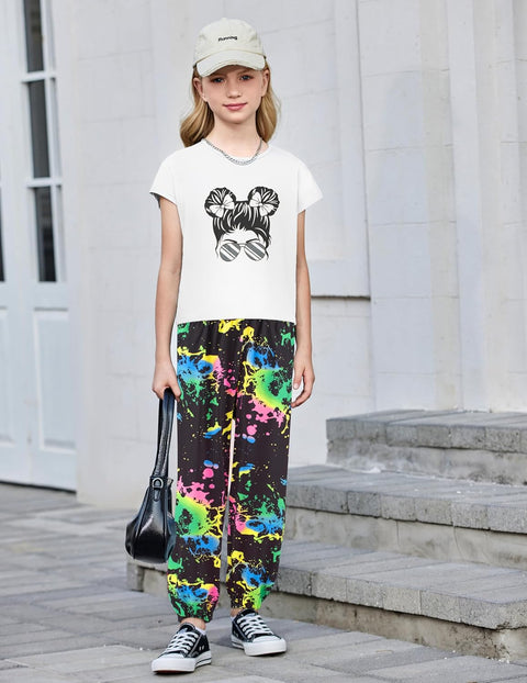 【6-14Y】Arshiner Girls 2 Piece Sets Drop Shoulder Top Sweatpants Jogger