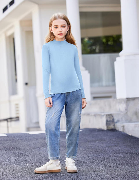 Arshiner Girls Lettuce Trim Mock Neck Ribbed Knit Tops