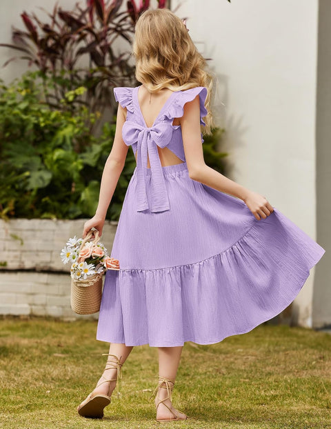 Arshiner Girls Tie Back Dress Tween Boho Flutter Sleeve Maxi Dresses