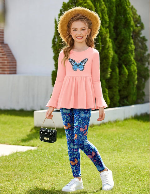 Arshiner Girls 2 Piece Set Floral Ruffle Hem Bell Sleeve Top and Leggings
