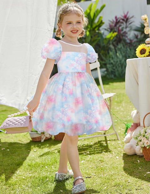 Arshiner Girls Dress Contrast Mesh Puff Flowy Bubble Hem Dresses