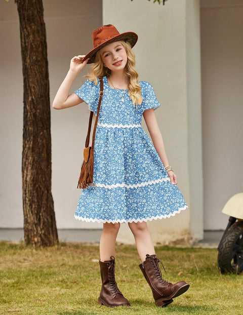 Arshiner Girls Dress Flutter RIC Rac Tiered Short Sleeve Dresses with Pockets