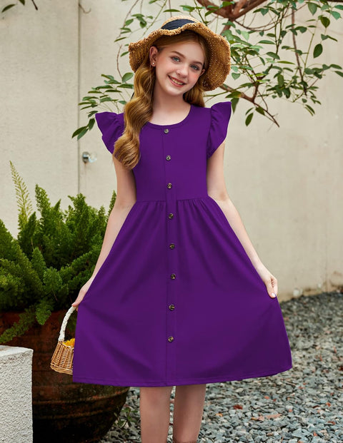 Arshiner Girls Dress Flutter Sleeve A-Line Button Down Sundress