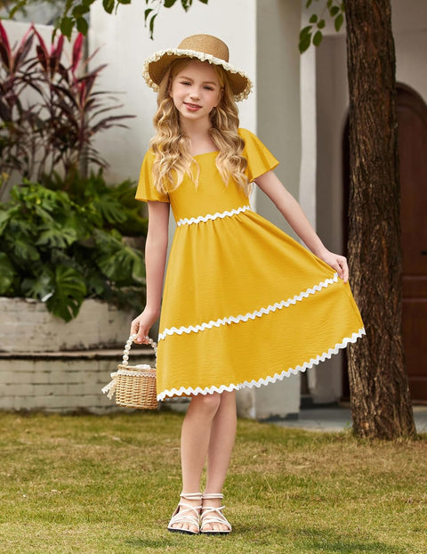 Arshiner Girls Dress Flutter RIC Rac Tiered Short Sleeve Dresses with Pockets