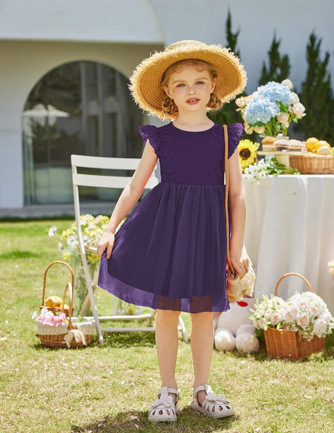 【2-8Y】Arshiner Toddler Lace Tutu Dresses Ruffle Sleeve 3 Layers Tulle Flower Dress
