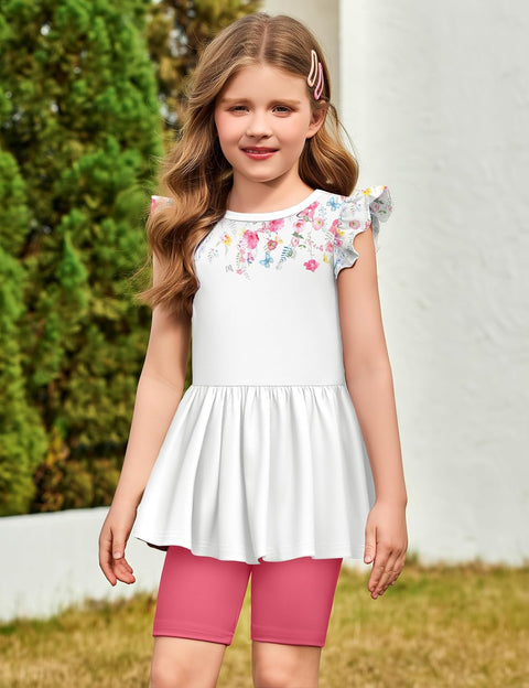 Arshiner Girls 2 Piece Outfit Ruffle Sleeve Peplum Top And Biker Shorts Set