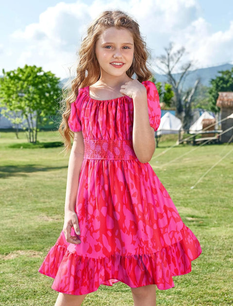 Arshiner Girls Tie Back Short Sleeve Ruffle Hem Off Shoulder Dresses