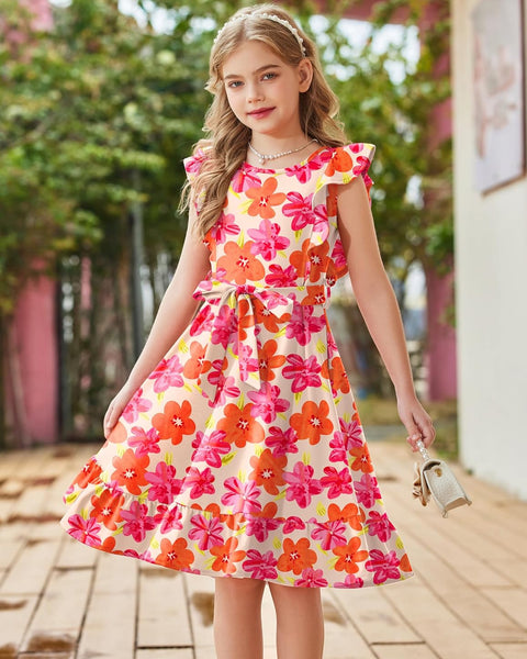 Arshiner Girls Belted Pockets Flutter Sleeve A-line Dresses