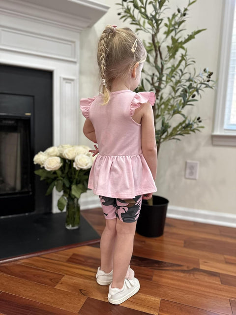 Arshiner Girls 2 Piece Outfit Ruffle Sleeve Peplum Top And Biker Shorts Set