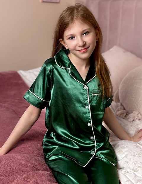 Arshiner Girls Pajamas Silk Satin Button Down Pjs 2 Piece Short Sleeve Sleepwear Set