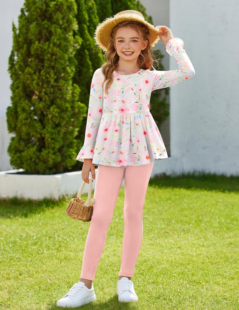 Arshiner Girls 2 Piece Set Floral Ruffle Hem Bell Sleeve Top and Leggings