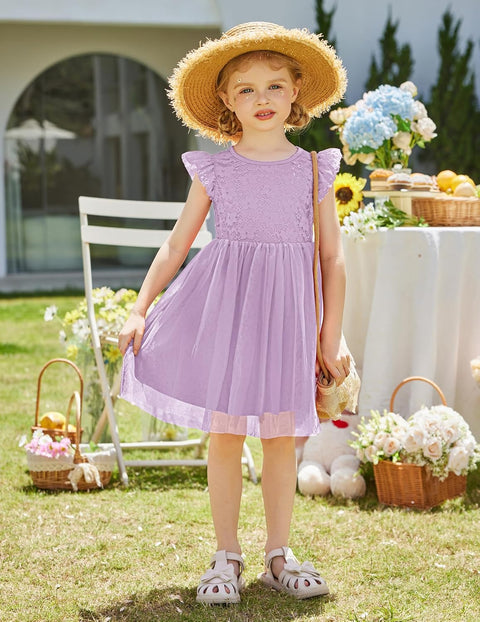 【2-8Y】Arshiner Toddler Lace Tutu Dresses Ruffle Sleeve 3 Layers Tulle Flower Dress