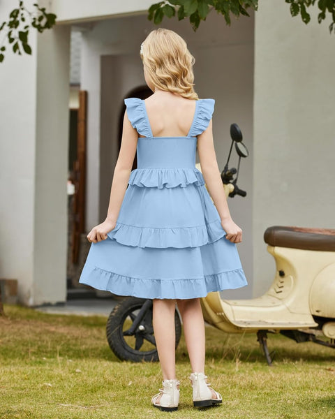[5-13Y] Arshiner Girls Dresses Ruffle Sleeve Tiered Casual Flowy Swing Sundress
